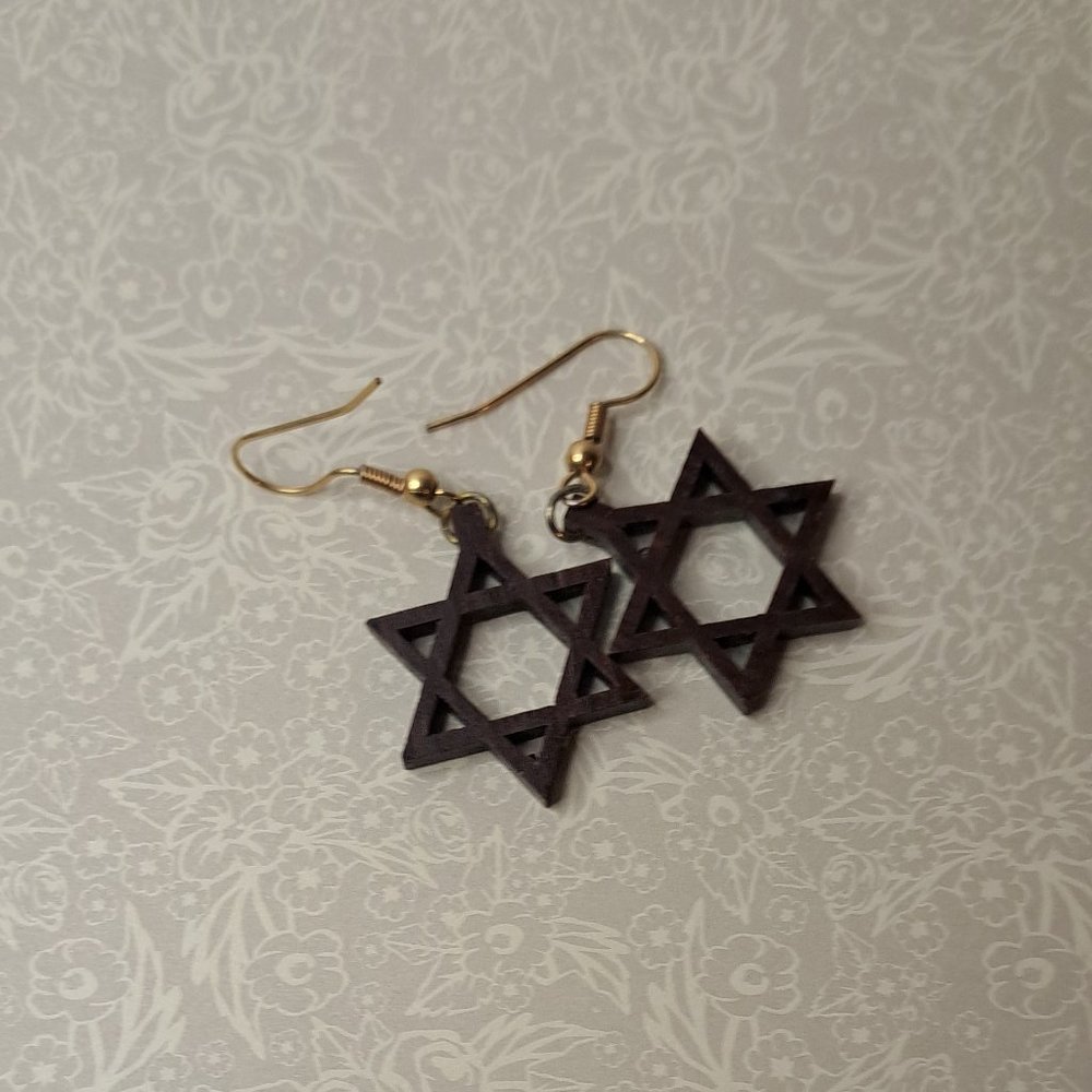 VINTAGE Wood Star of David Earrings - Picture 4 of 7